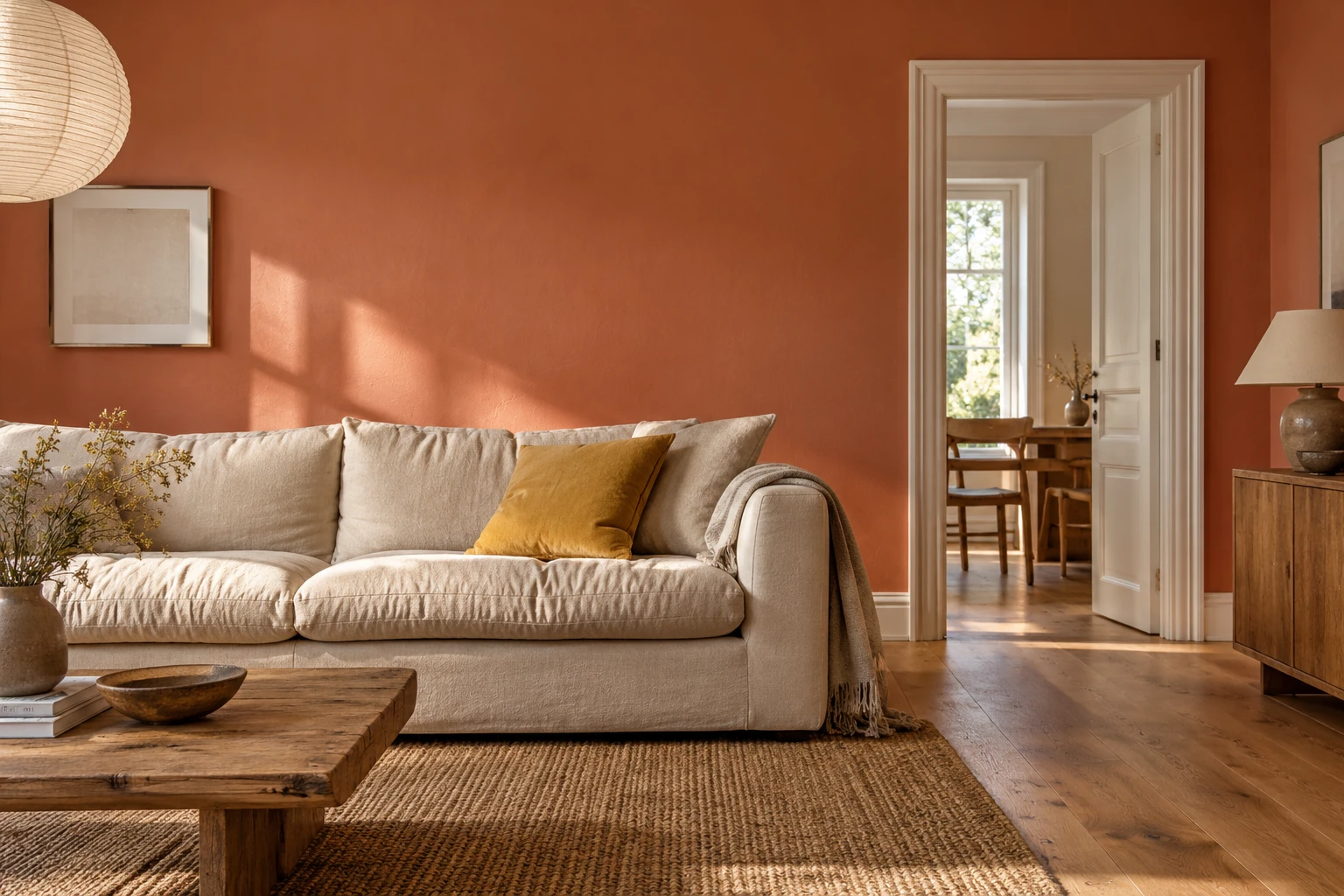 Warmer Wohnraum mit frisch gestrichener terrakottafarbener Wand